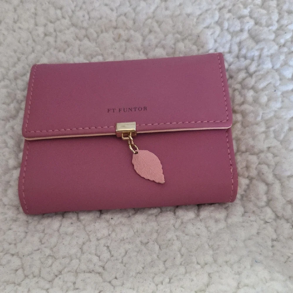Pink Compact Wallet with Leaf Charm